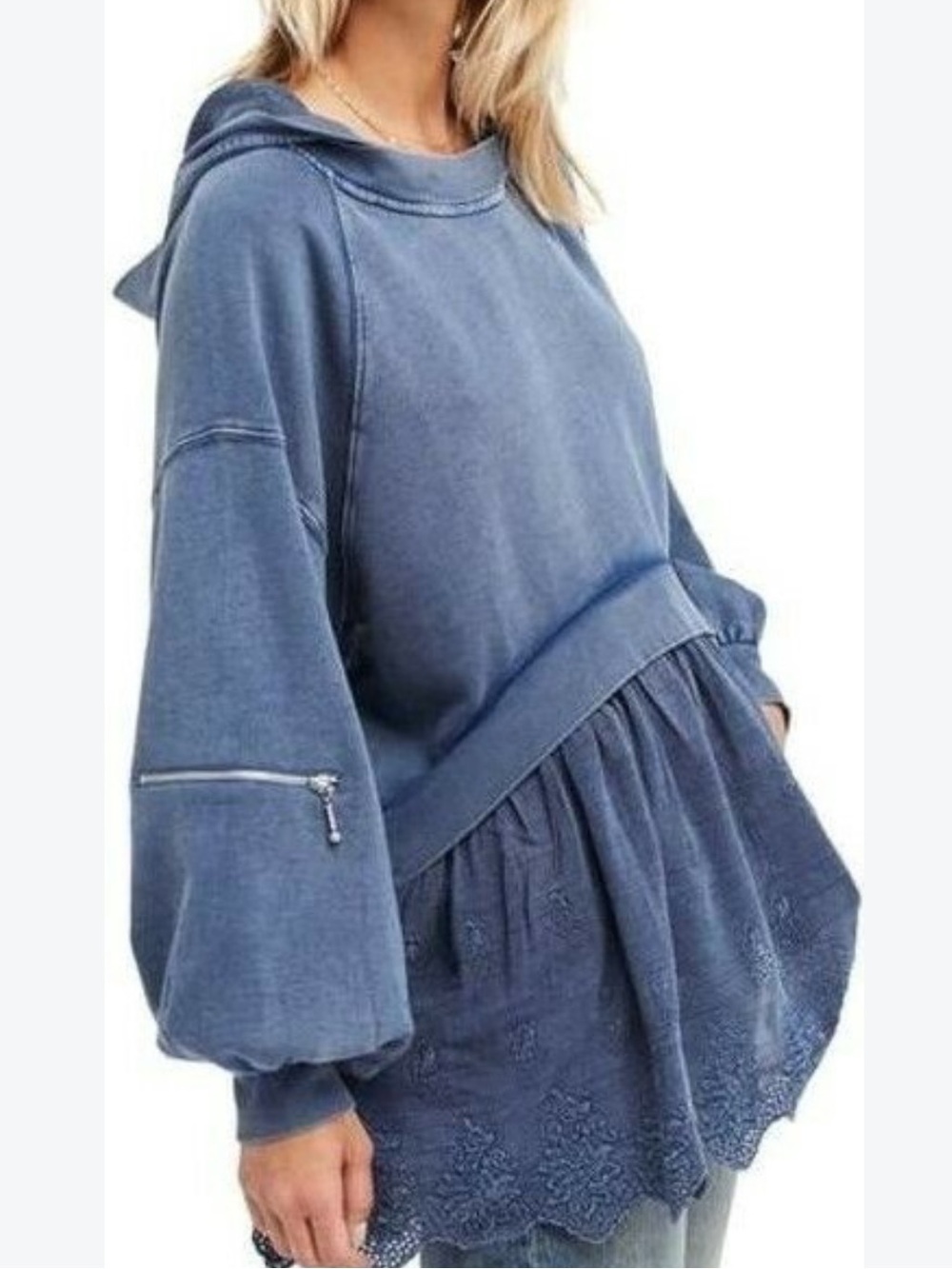 Free People Blue Sweet Streets Hoodie Ruffle Puff Sleeve Sweatshirt Oversized XS
